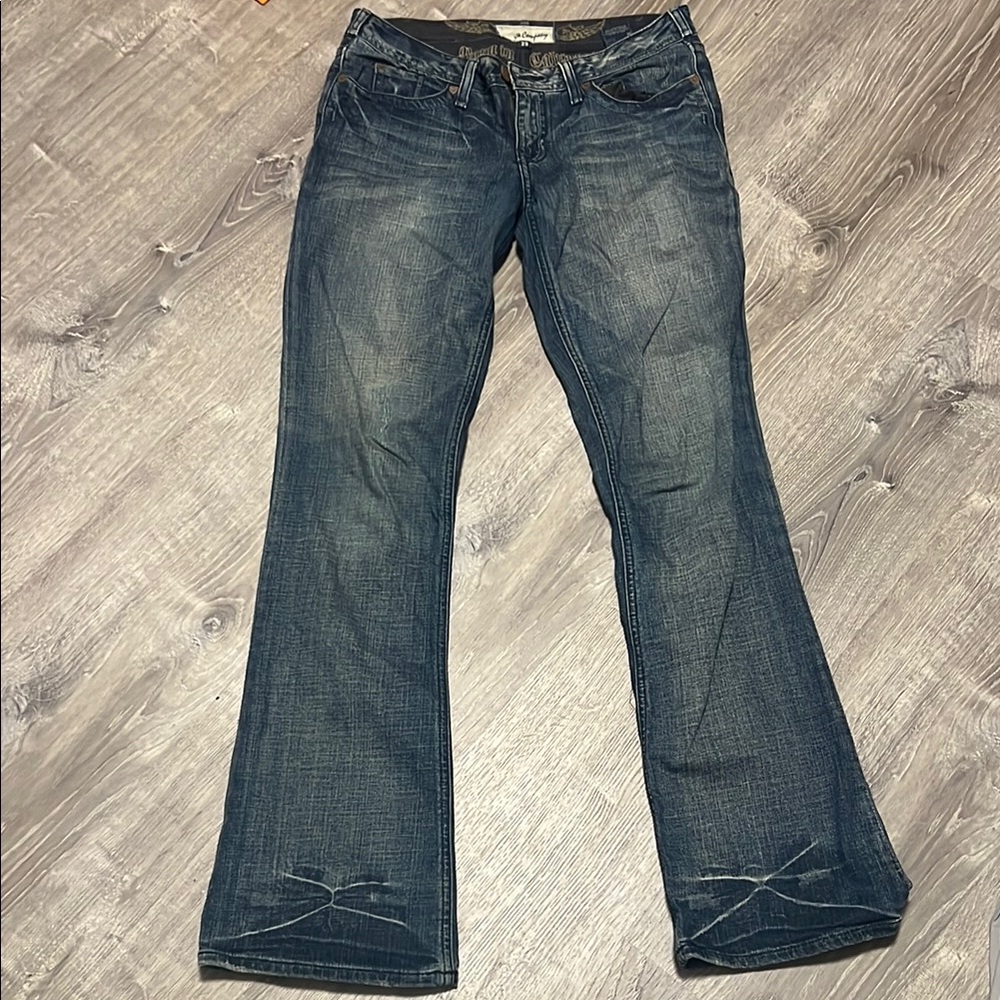 2010’s era low Rise Boot Cut Jeans with Natural Fading and Embellished Pockets